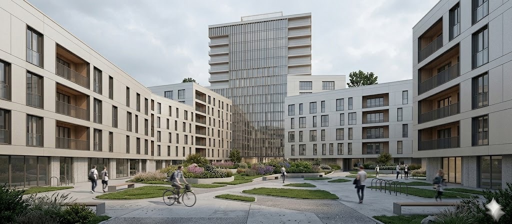 Campus studențesc, curtea interioară verde cu turnul de locuit în fundal