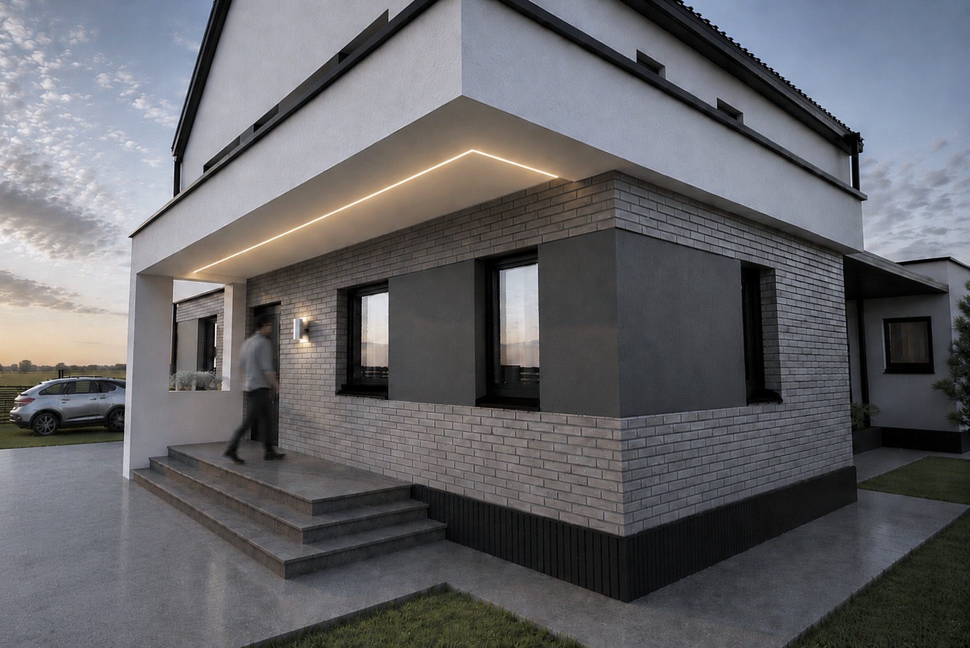 Randare exterioară Casa C, vedere din colț, cu iluminat cald sub streașină