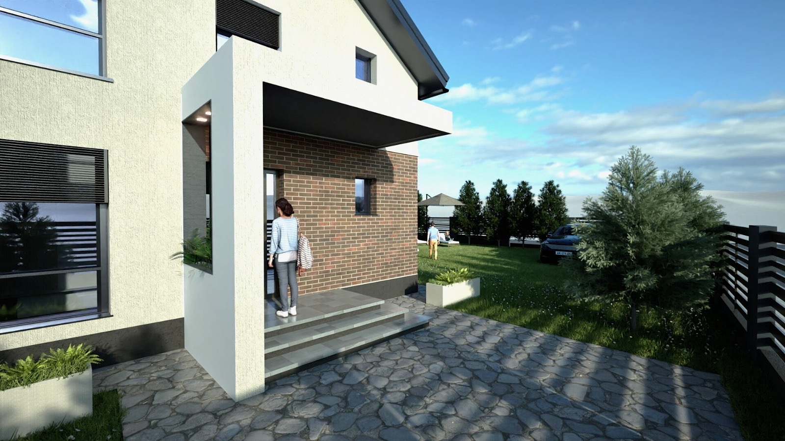 Casa L Balotești, intrare cu trepte și cărămidă aparentă, curte pavată cu piatră