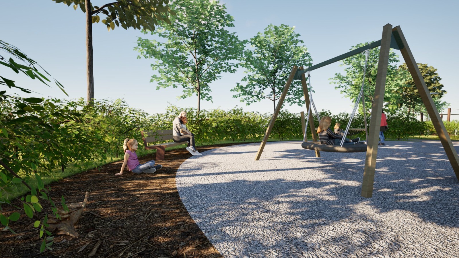 Parc tematic, zonă de joacă cu leagăn pe paviment din pietriș